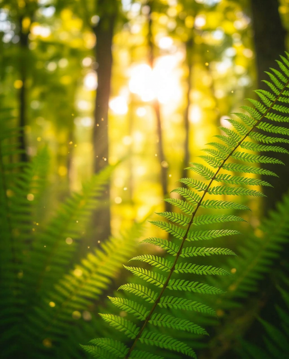 Serene fern fronds in a sun-dappled forest